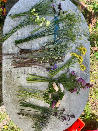 alter Gartentisch auf dem Verschiedene Blumen in sortierten Bunden liegen